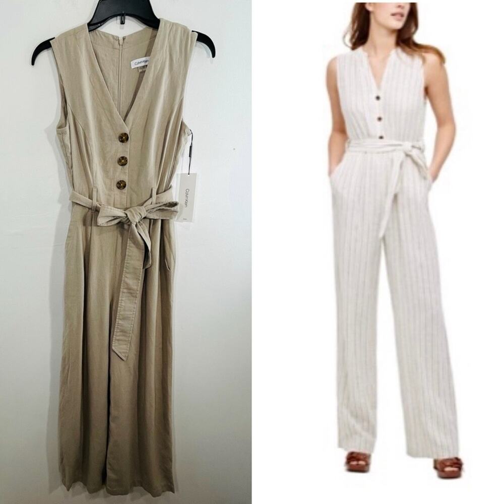 NWT Calvin Klein Khaki Linen Blend Wide Leg Button Front Sleeveless Jumpsuit 2
